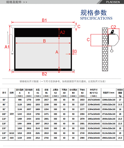 投影幕,投影幕布尺寸对照表